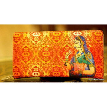 Orange Clutch, Faux Leather Purse,Traditional Indian Woman Digital Print